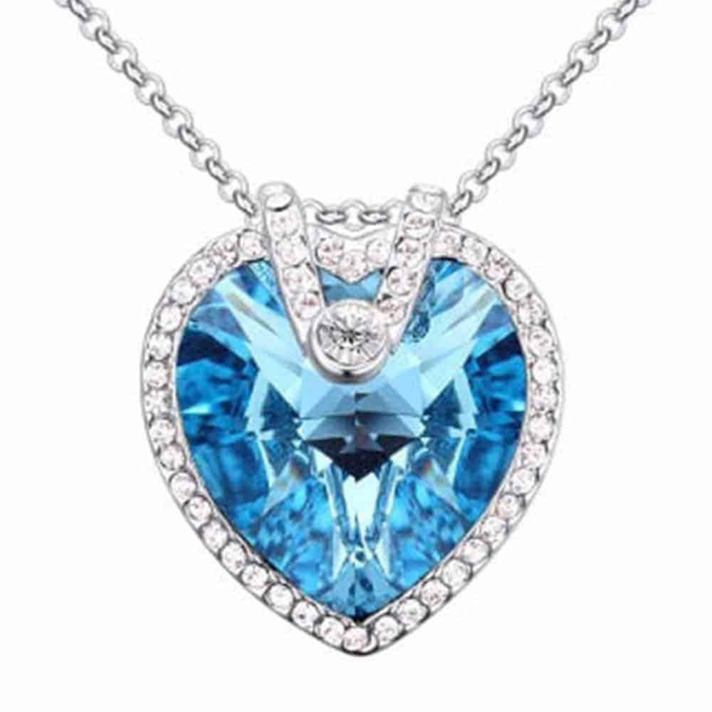 Crystal Heart Halo Pendant Necklace - Aquamarine